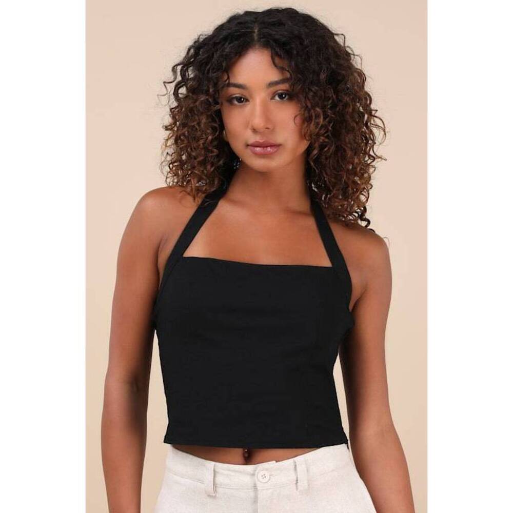 Lulus Maebyn Black Halter Crop Top - Size XL